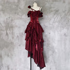Pretty Irregular Ruffled Spaghetti Straps Burgundy Prom Dress With Detachable Rose Long Birthday Dresses For Women