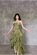 Pretty Irregular Ruffled Spaghetti Straps Green Prom Dresses With Detachable Rose Long Birthday Dresses For Women