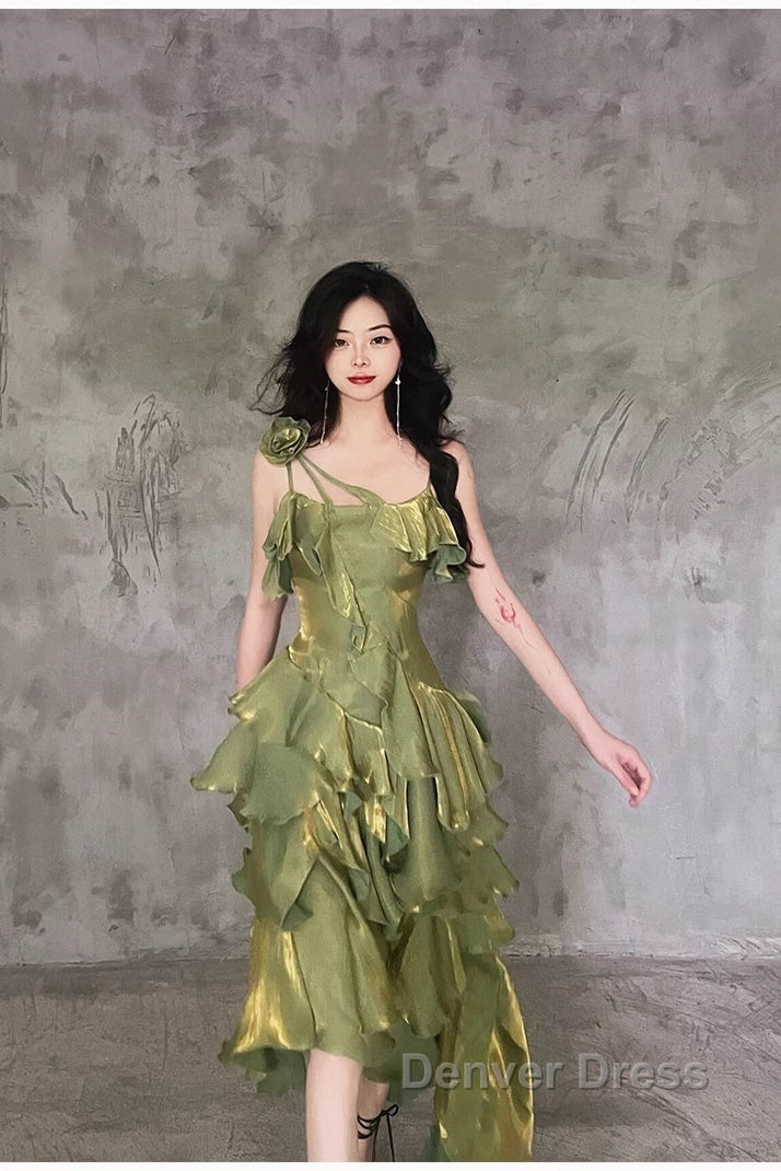 Pretty Irregular Ruffled Spaghetti Straps Green Prom Dresses With Detachable Rose Long Birthday Dresses For Women