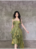 Pretty Irregular Ruffled Spaghetti Straps Green Prom Dress With Detachable Rose Long Birthday Dresses For Women