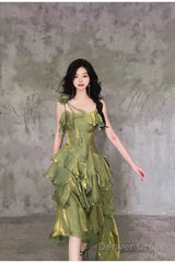Pretty Irregular Ruffled Spaghetti Straps Green Prom Dresses With Detachable Rose Long Birthday Dress For Women