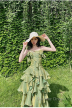 Pretty Irregular Ruffled Spaghetti Straps Green Prom Dresses With Detachable Rose Long Birthday Dresses For Women