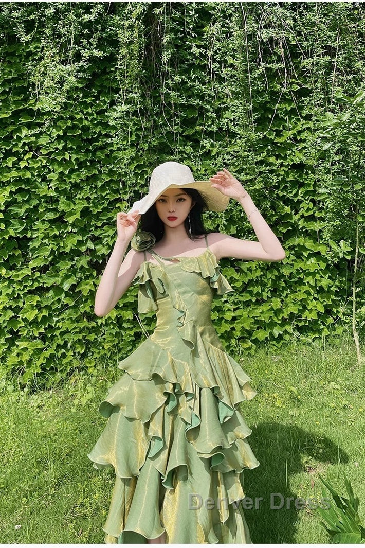Pretty Irregular Ruffled Spaghetti Straps Green Prom Dresses With Detachable Rose Long Birthday Dresses For Women