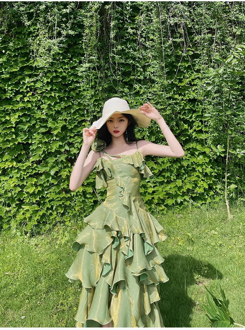 Pretty Irregular Ruffled Spaghetti Straps Green Prom Dress With Detachable Rose Long Birthday Dresses For Women