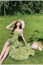 Pretty Irregular Ruffled Spaghetti Straps Green Prom Dresses With Detachable Rose Long Birthday Dresses For Women