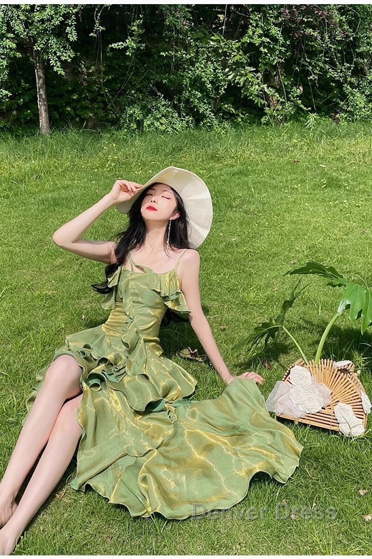 Pretty Irregular Ruffled Spaghetti Straps Green Prom Dresses With Detachable Rose Long Birthday Dresses For Women