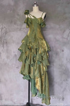 Pretty Irregular Ruffled Spaghetti Straps Green Prom Dresses With Detachable Rose Long Birthday Dresses For Women