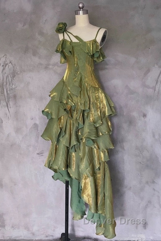 Pretty Irregular Ruffled Spaghetti Straps Green Prom Dresses With Detachable Rose Long Birthday Dresses For Women