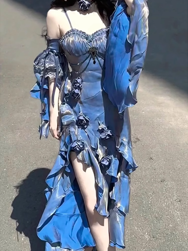 Pretty Sheath Irregular Ruffled Spaghetti Straps Women'S Blue Long Birthday Prom Dresses Secondary image