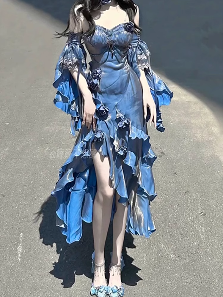Pretty Sheath Irregular Ruffled Spaghetti Straps Women'S Blue Long Birthday Prom Dresses