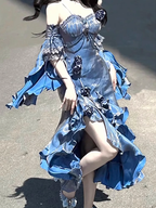 Pretty Sheath Irregular Ruffled Spaghetti Straps Women'S Blue Long Birthday Prom Dresses