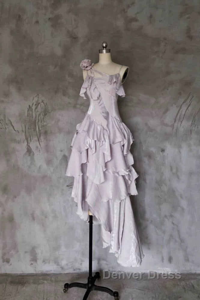 Pretty Irregular Ruffled Suspender Prom Dresses With Detachable Rose Long Birthday Dresses For Women