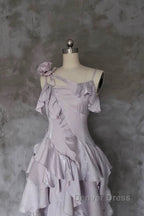 Pretty Irregular Ruffled Suspender Prom Dress With Detachable Rose Long Birthday Dresses For Women