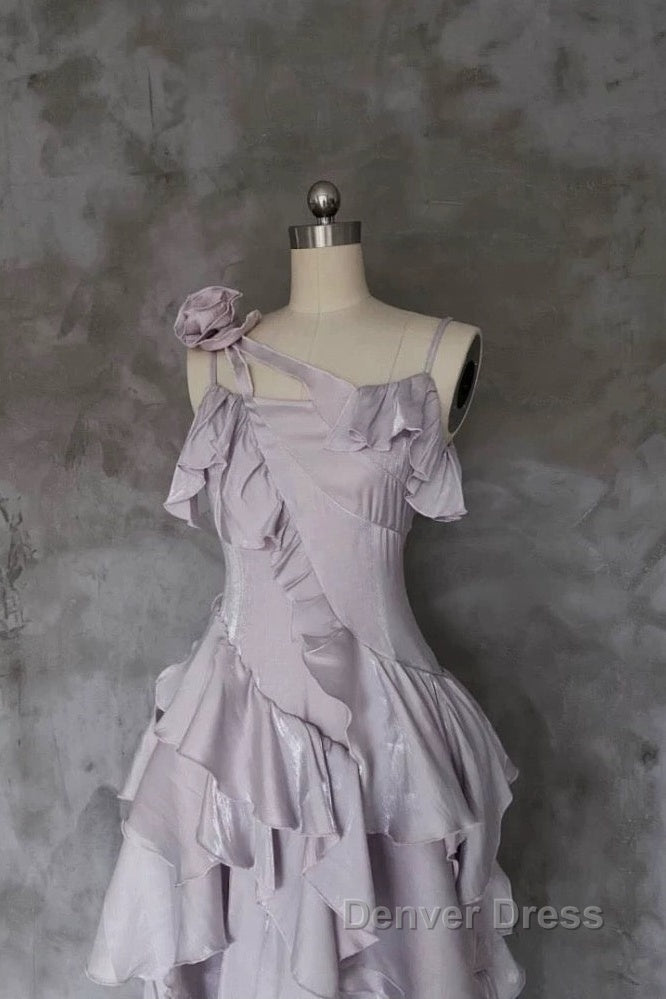 Pretty Irregular Ruffled Suspender Prom Dress With Detachable Rose Long Birthday Dresses For Women