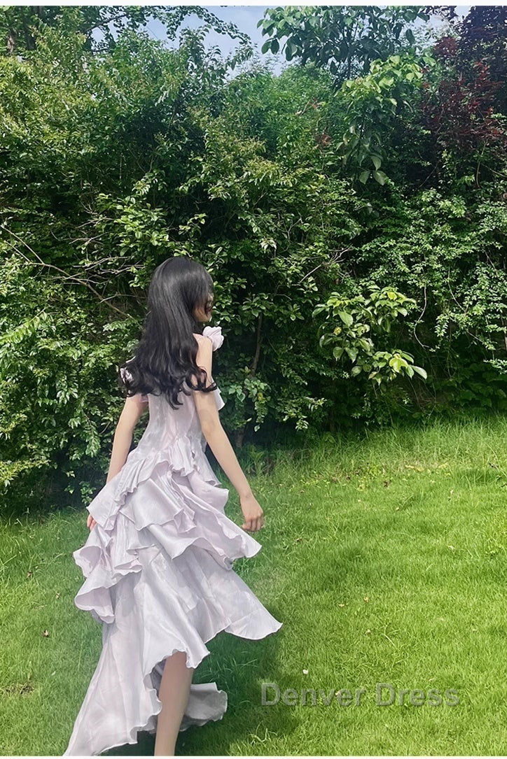 Pretty Irregular Ruffled Suspender Prom Dresses With Detachable Rose Long Birthday Dresses For Women