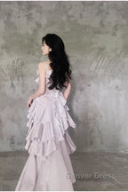 Pretty Irregular Ruffled Suspender Prom Dresses With Detachable Rose Long Birthday Dresses For Women