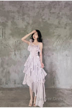 Pretty Irregular Ruffled Suspender Prom Dress With Detachable Rose Long Birthday Dresses For Women