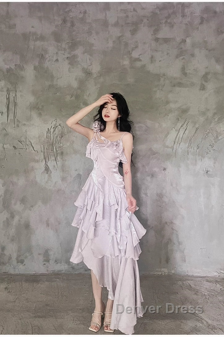 Pretty Irregular Ruffled Suspender Prom Dress With Detachable Rose Long Birthday Dresses For Women