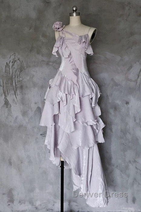 Pretty Irregular Ruffled Suspender Prom Dresses With Detachable Rose Long Birthday Dresses For Women