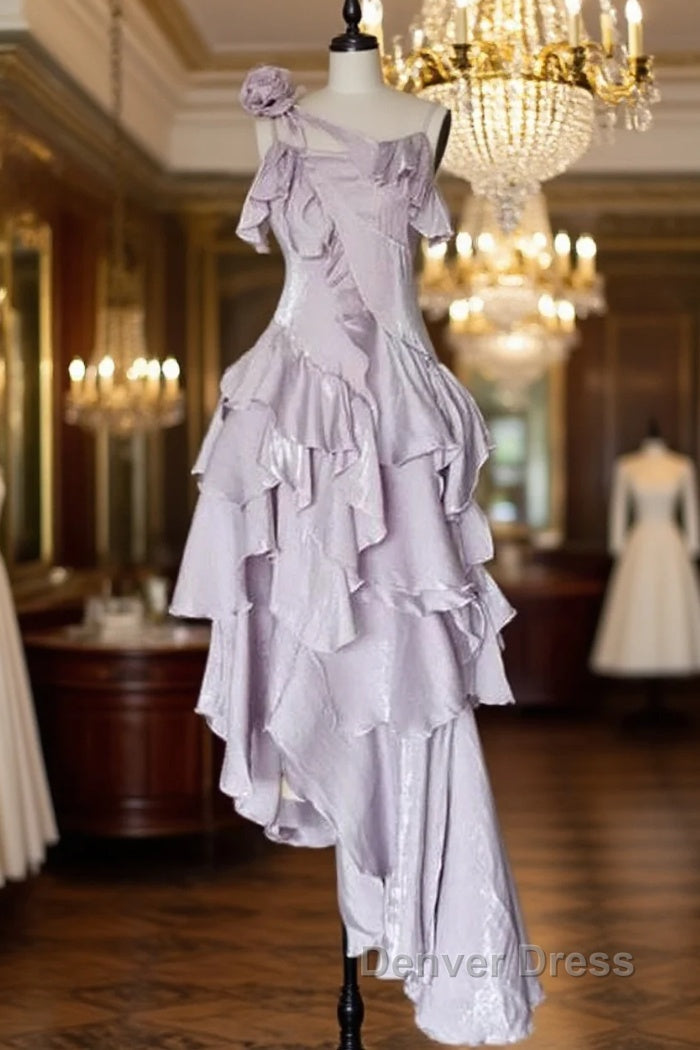 Pretty Irregular Ruffled Suspender Prom Dress With Detachable Rose Long Birthday Dresses For Women
