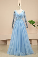 Pretty Light Blue A-Line Puffy Sleeves Party Dress, Light Blue Evening Dress Prom Dress
