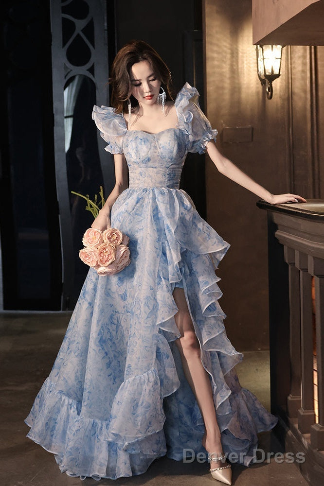 Pretty Light Blue Floral Short Sleeves Long Prom Dress, Light Blue Evening Dress Secondary image