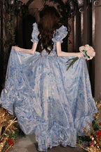 Pretty Light Blue Floral Short Sleeves Long Prom Dress, Light Blue Evening Dress