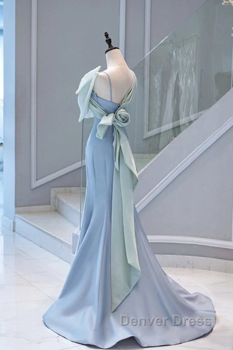 Pretty Mermaid Blue Satin Long Evening Dresses Prom Dresses
