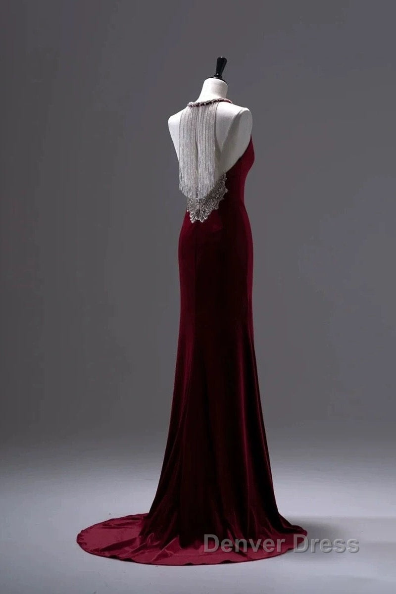 Pretty Mermaid Burgundy Velvet Long Backless Evening Dresses Prom Dresses Secondary image