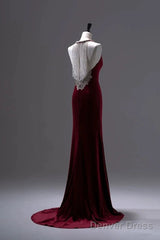 Pretty Mermaid Burgundy Velvet Long Backless Evening Dress Prom Dresses