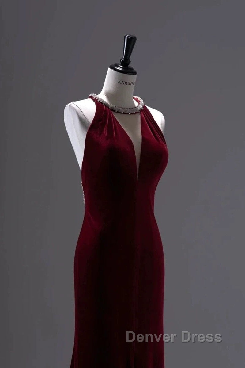 Pretty Mermaid Burgundy Velvet Long Backless Evening Dresses Prom Dresses