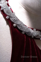 Pretty Mermaid Burgundy Velvet Long Backless Evening Dresses Prom Dresses