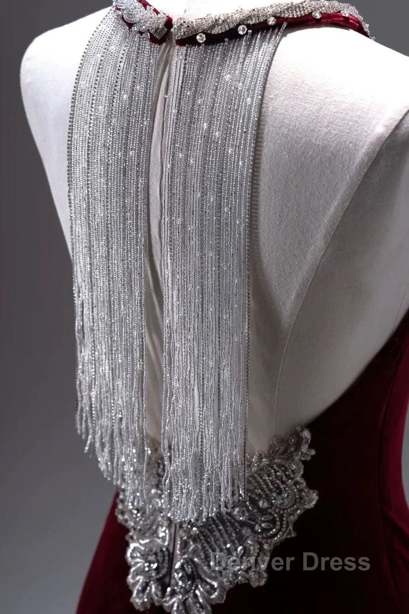 Pretty Mermaid Burgundy Velvet Long Backless Evening Dresses Prom Dresses