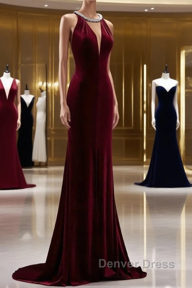Pretty Mermaid Burgundy Velvet Long Backless Evening Dresses Prom Dresses Main image