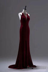 Pretty Mermaid Burgundy Velvet Long Backless Evening Dress Prom Dresses