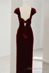 Pretty Mermaid Burgundy Velvet Slit Evening Dress Prom Dresses