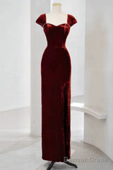 Pretty Mermaid Burgundy Velvet Slit Evening Dress Prom Dresses