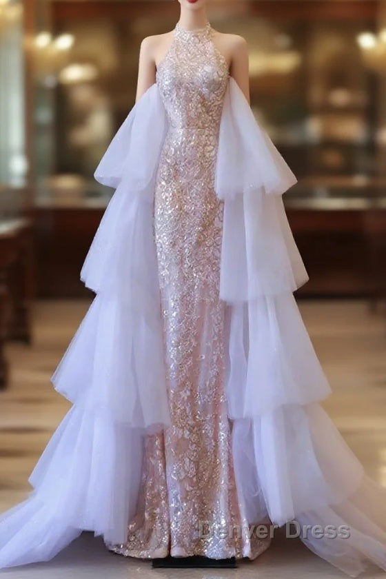 Pretty Mermaid High Neckline Sequin Beads Long Prom Dresses Formal Evening Dresses Main image