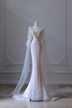 Pretty Mermaid Long Sleeves Pink Prom Dresses Evening Gowns