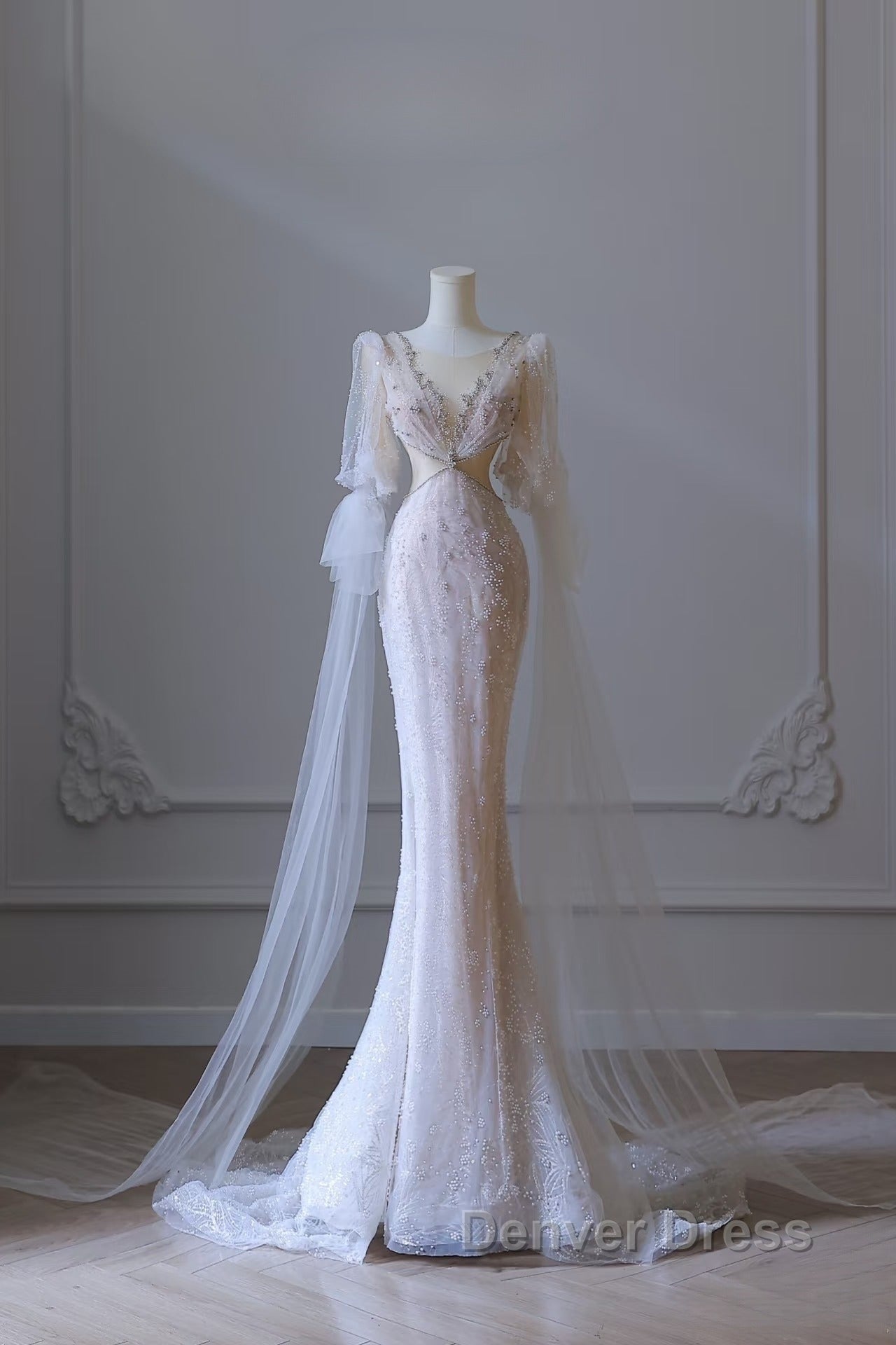 Pretty Mermaid Long Sleeves Pink Prom Dresses Evening Gowns