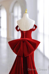 Pretty Mermaid Off The Shoulder Burgundy Satin Long Evening Dress Prom Dresses
