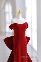 Pretty Mermaid Off The Shoulder Burgundy Satin Long Evening Dresses Prom Dresses