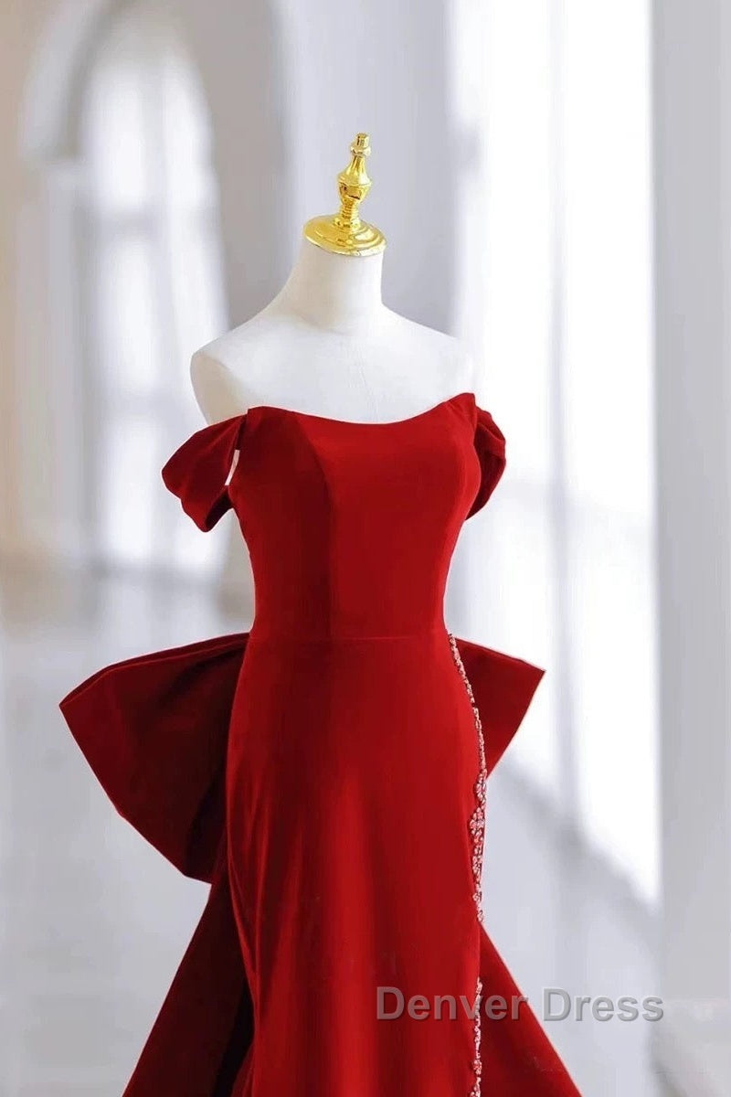 Pretty Mermaid Off The Shoulder Burgundy Satin Long Evening Dresses Prom Dresses