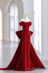 Pretty Mermaid Off The Shoulder Burgundy Satin Long Evening Dress Prom Dresses