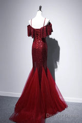 Pretty Mermaid Off The Shoulder Burgundy Sequin Long Evening Dress Prom Dresses