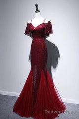 Pretty Mermaid Off The Shoulder Burgundy Sequin Long Evening Dress Prom Dresses