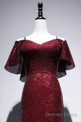 Pretty Mermaid Off The Shoulder Burgundy Sequin Long Evening Dress Prom Dresses