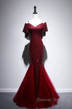 Pretty Mermaid Off The Shoulder Burgundy Sequin Long Evening Dresses Prom Dresses