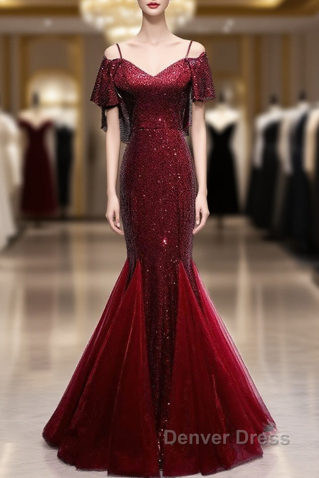 Pretty Mermaid Off The Shoulder Burgundy Sequin Long Evening Dresses Prom Dresses Main image