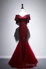 Pretty Mermaid Off The Shoulder Burgundy Sequin Long Evening Dress Prom Dresses